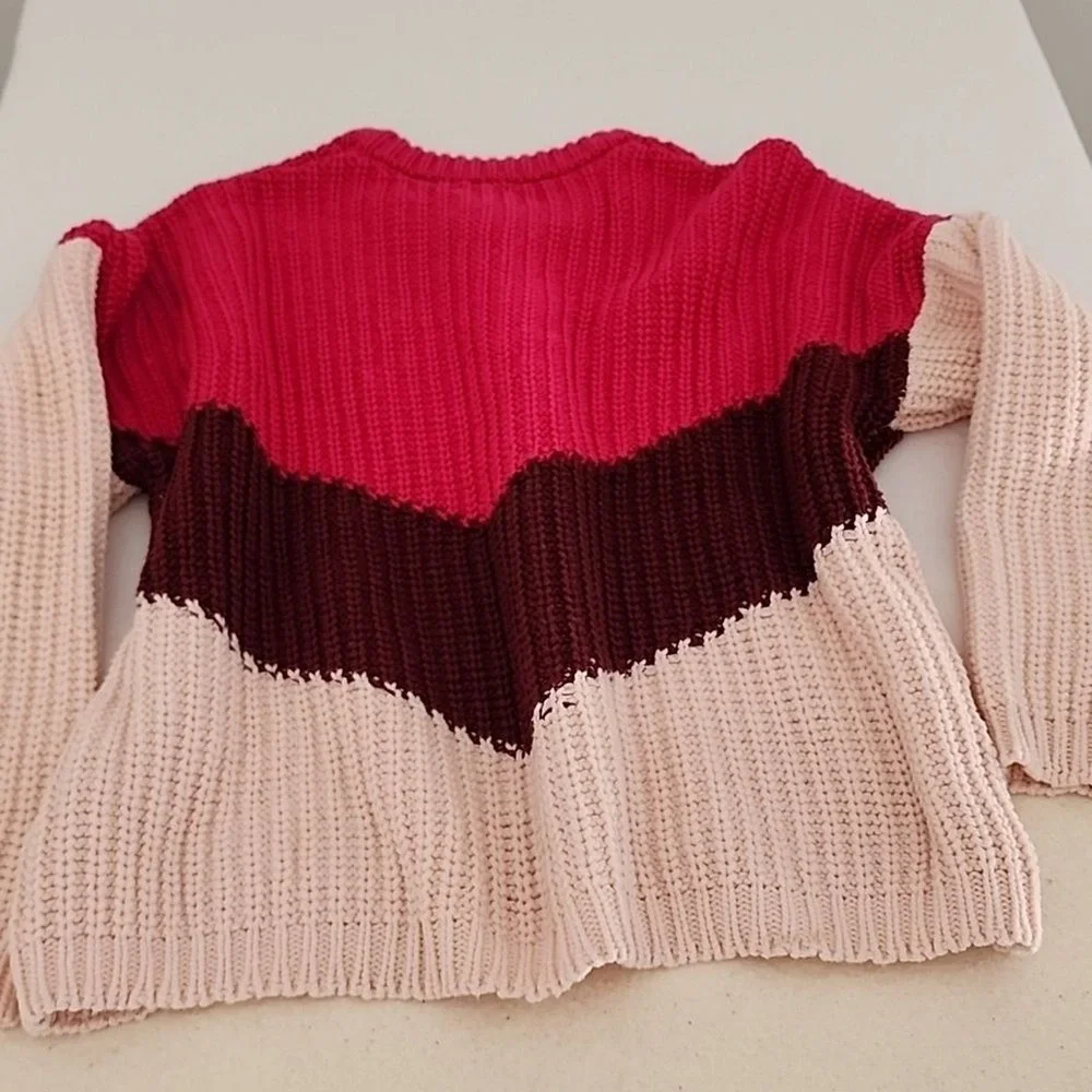 Guess Colorblock Sweater Womens XS Pink Burgundy Chevron Chunky Knit Boho